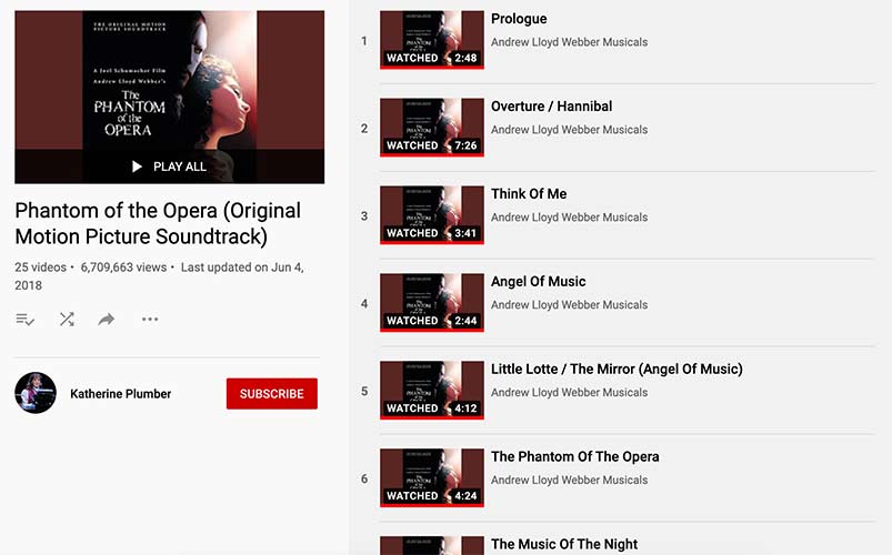 Phantom of the Opera music playlist